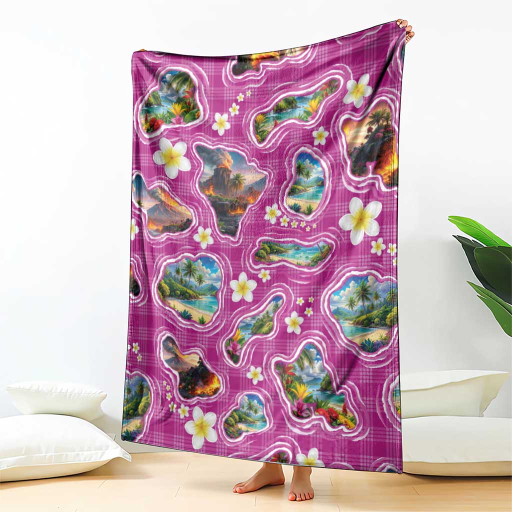 Hawaiian Island Shapes-Iconic Landscape Blanket with Plumeria and Palaka Pink Color LT03 - Polynesian Pride