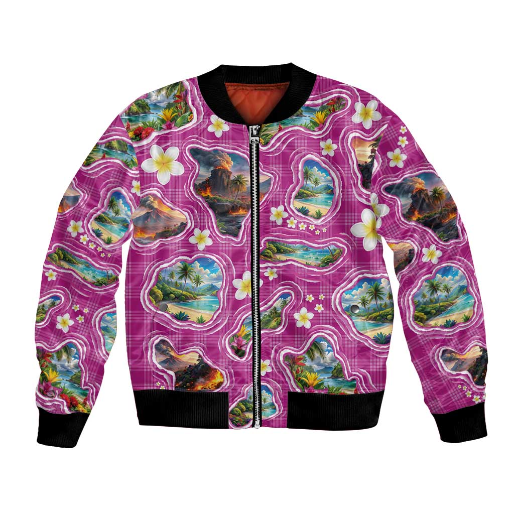 Hawaiian Island Shapes-Iconic Landscape Bomber Jacket with Plumeria and Palaka Pink Color LT03 Unisex Pink - Polynesian Pride