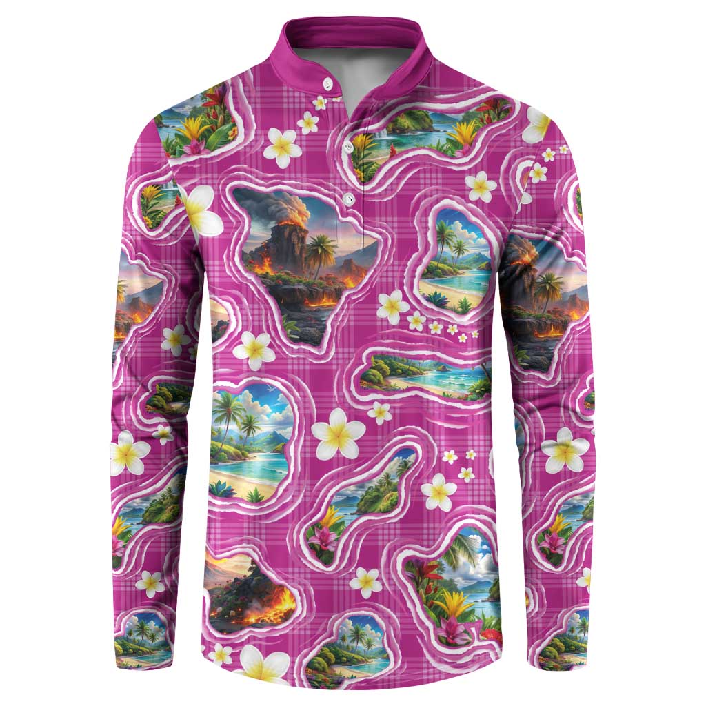 Hawaiian Island Shapes-Iconic Landscape Button Sweatshirt with Plumeria and Palaka Pink Color LT03 Pink - Polynesian Pride