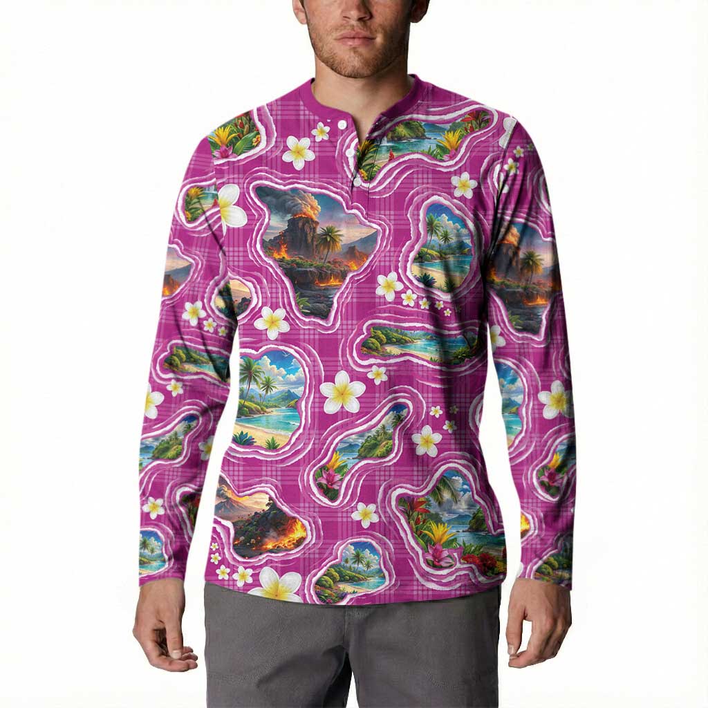 Hawaiian Island Shapes-Iconic Landscape Button Sweatshirt with Plumeria and Palaka Pink Color LT03 - Polynesian Pride