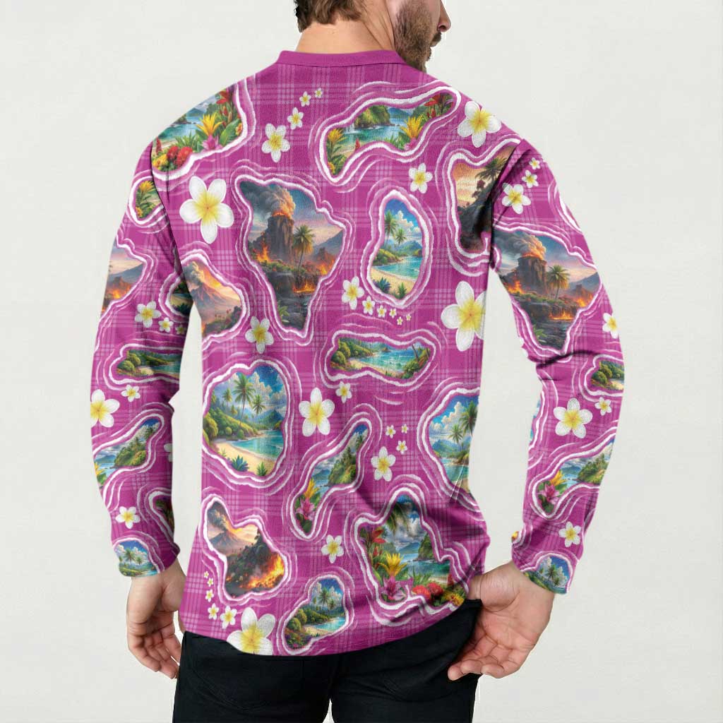 Hawaiian Island Shapes-Iconic Landscape Button Sweatshirt with Plumeria and Palaka Pink Color LT03 - Polynesian Pride