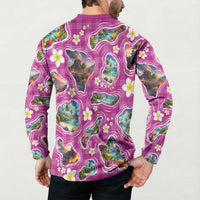 Hawaiian Island Shapes-Iconic Landscape Button Sweatshirt with Plumeria and Palaka Pink Color LT03 - Polynesian Pride