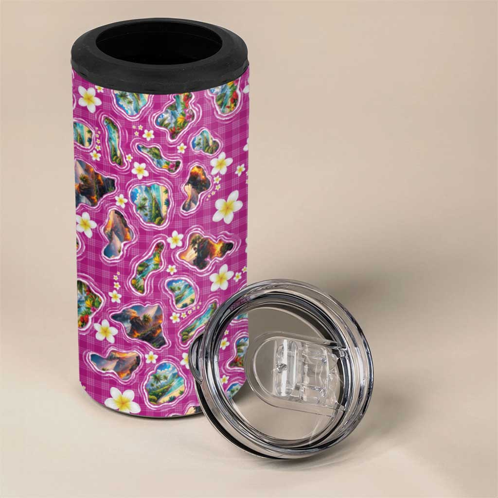 Hawaiian Island Shapes-Iconic Landscape 4 in 1 Can Cooler Tumbler with Plumeria and Palaka Pink Color