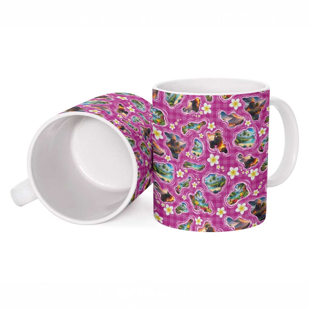Hawaiian Island Shapes-Iconic Landscape Ceramic Mug with Plumeria and Palaka Pink Color LT03 - Polynesian Pride