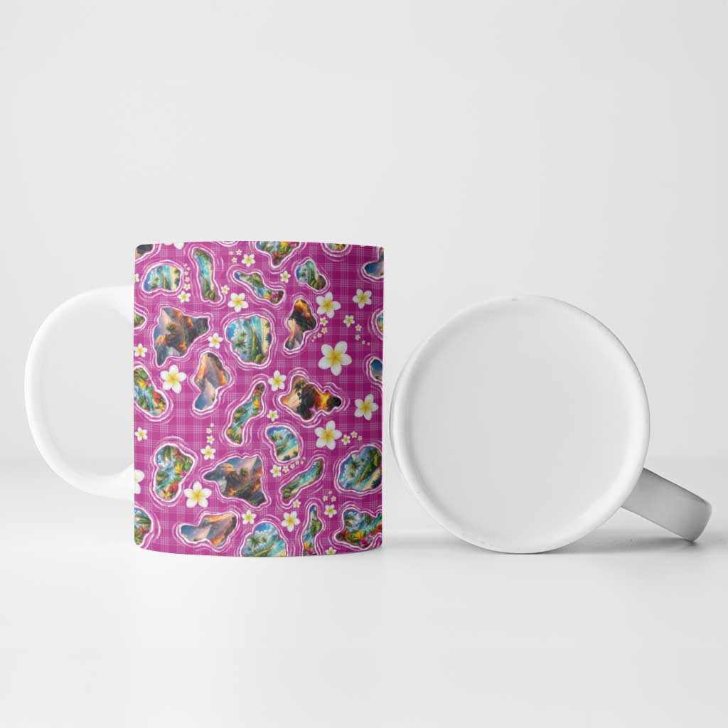 Hawaiian Island Shapes-Iconic Landscape Ceramic Mug with Plumeria and Palaka Pink Color LT03 - Polynesian Pride