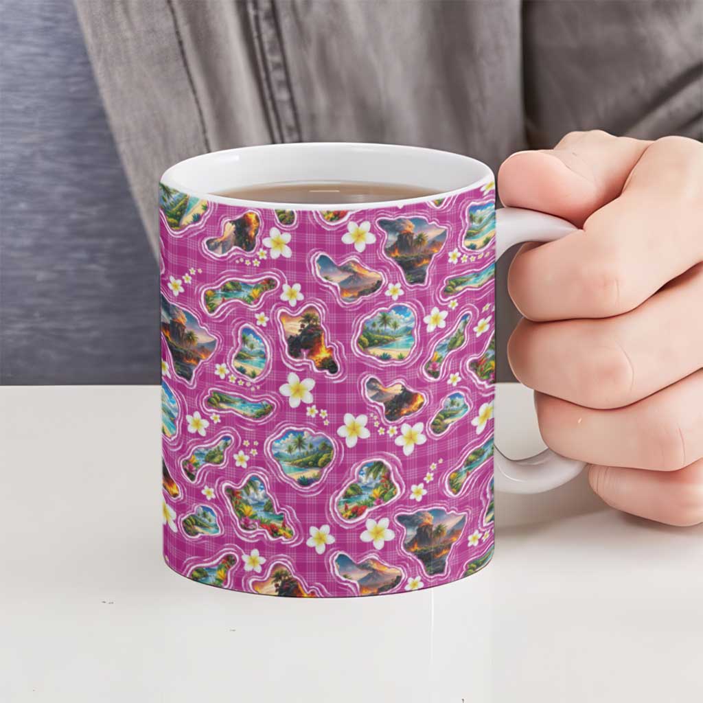 Hawaiian Island Shapes-Iconic Landscape Ceramic Mug with Plumeria and Palaka Pink Color LT03 - Polynesian Pride