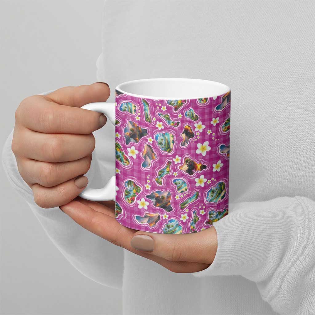 Hawaiian Island Shapes-Iconic Landscape Ceramic Mug with Plumeria and Palaka Pink Color LT03 - Polynesian Pride