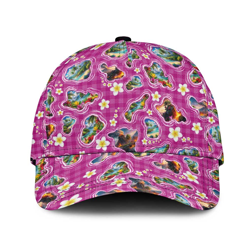 Hawaiian Island Shapes-Iconic Landscape Classic Cap with Plumeria and Palaka Pink Color
