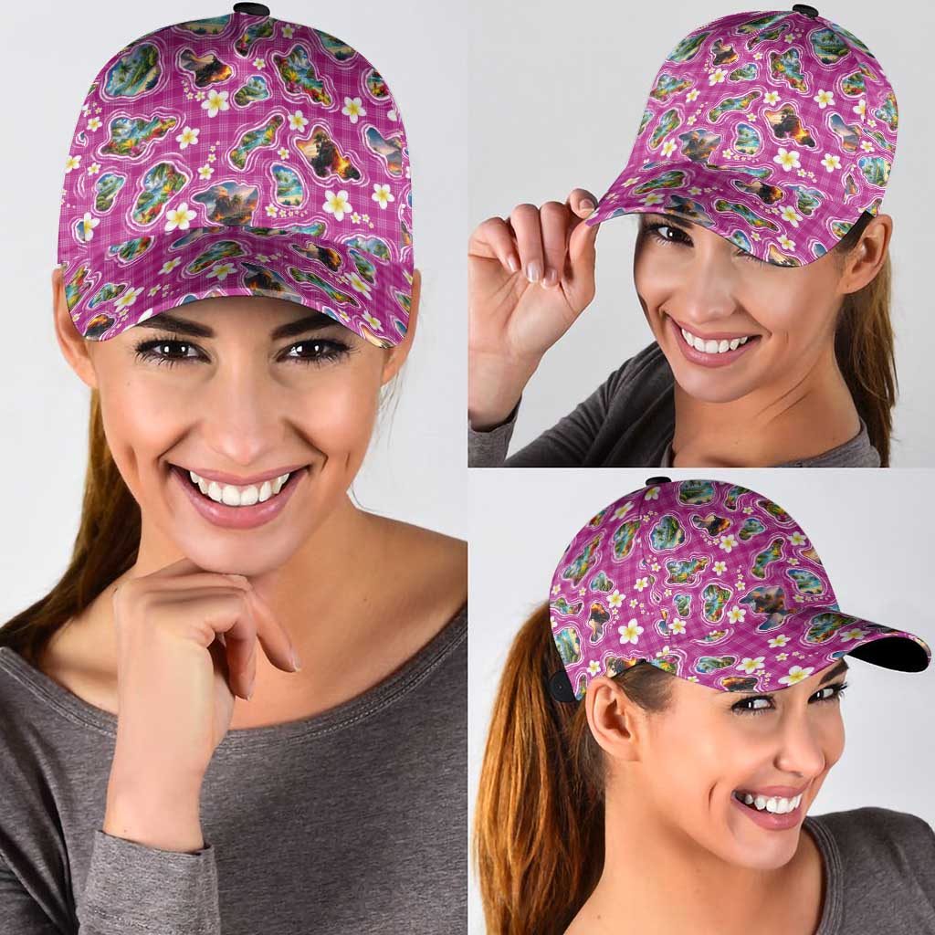 Hawaiian Island Shapes-Iconic Landscape Classic Cap with Plumeria and Palaka Pink Color