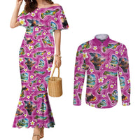 Hawaiian Island Shapes-Iconic Landscape Couples Matching Mermaid Dress and Long Sleeve Button Shirt with Plumeria and Palaka Pink Color