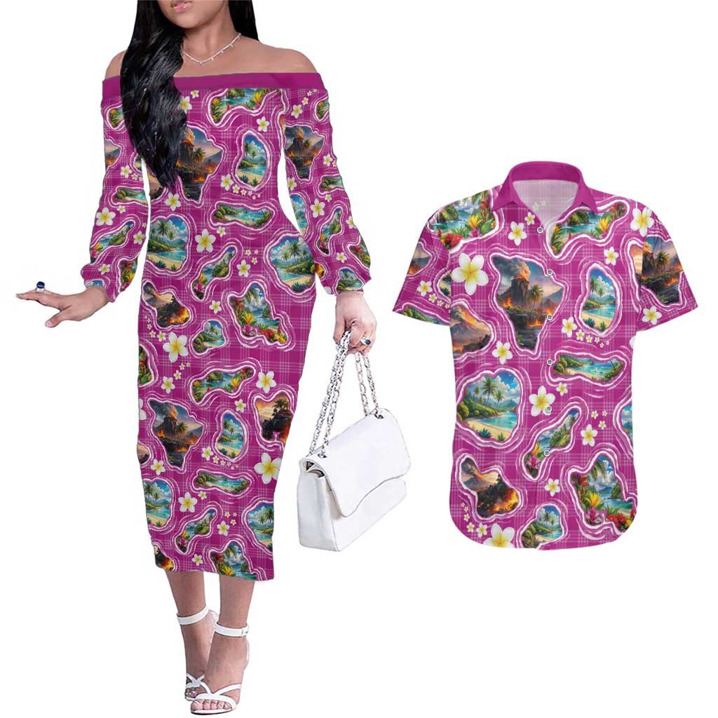 Hawaiian Island Shapes-Iconic Landscape Couples Matching Off The Shoulder Long Sleeve Dress and Hawaiian Shirt with Plumeria and Palaka Pink Color