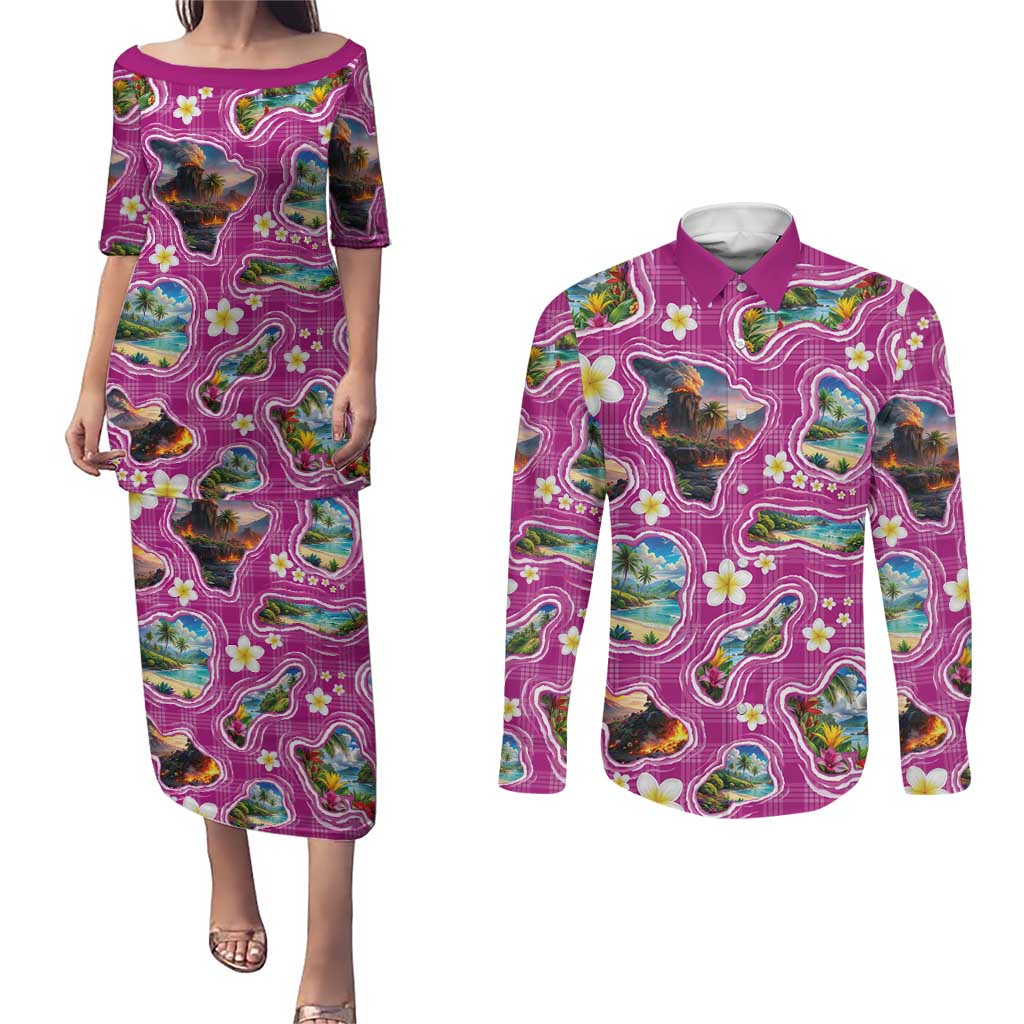 Hawaiian Island Shapes-Iconic Landscape Couples Matching Puletasi and Long Sleeve Button Shirt with Plumeria and Palaka Pink Color LT03 Pink - Polynesian Pride
