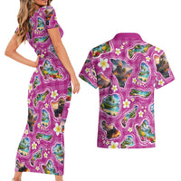 Hawaiian Island Shapes-Iconic Landscape Couples Matching Short Sleeve Bodycon Dress and Hawaiian Shirt with Plumeria and Palaka Pink Color