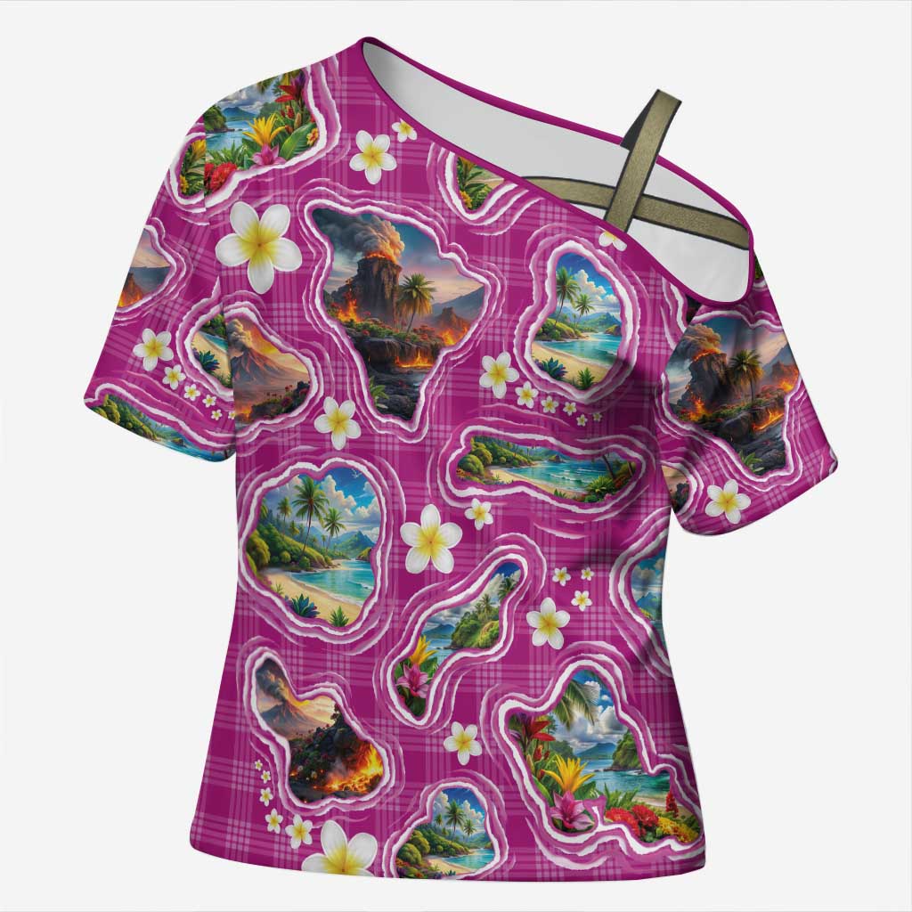 Hawaiian Island Shapes-Iconic Landscape Cross Shoulder Shirt with Plumeria and Palaka Pink Color LT03 Female Pink - Polynesian Pride
