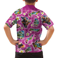 Hawaiian Island Shapes-Iconic Landscape Family Matching Long Sleeve Bodycon Dress and Hawaiian Shirt with Plumeria and Palaka Pink Color