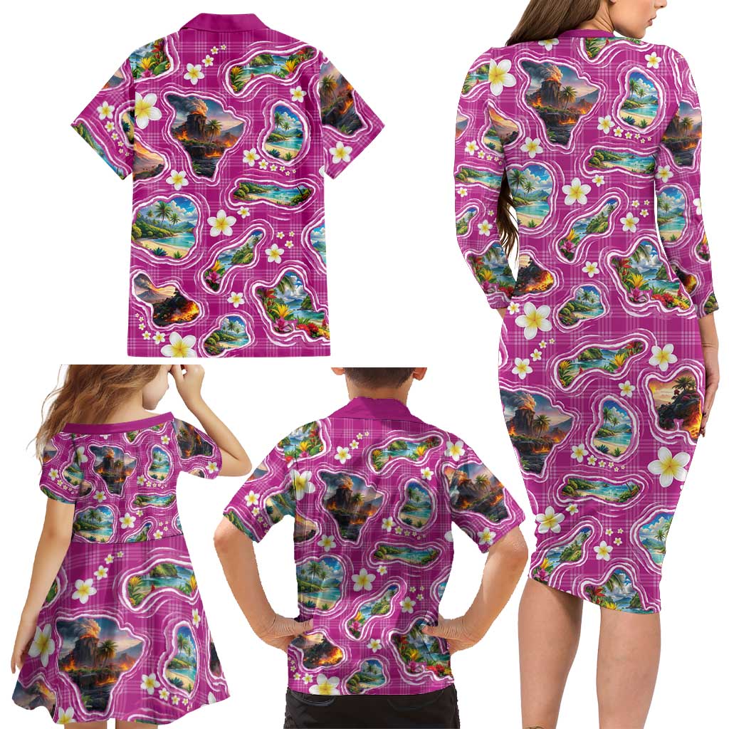 Hawaiian Island Shapes-Iconic Landscape Family Matching Long Sleeve Bodycon Dress and Hawaiian Shirt with Plumeria and Palaka Pink Color
