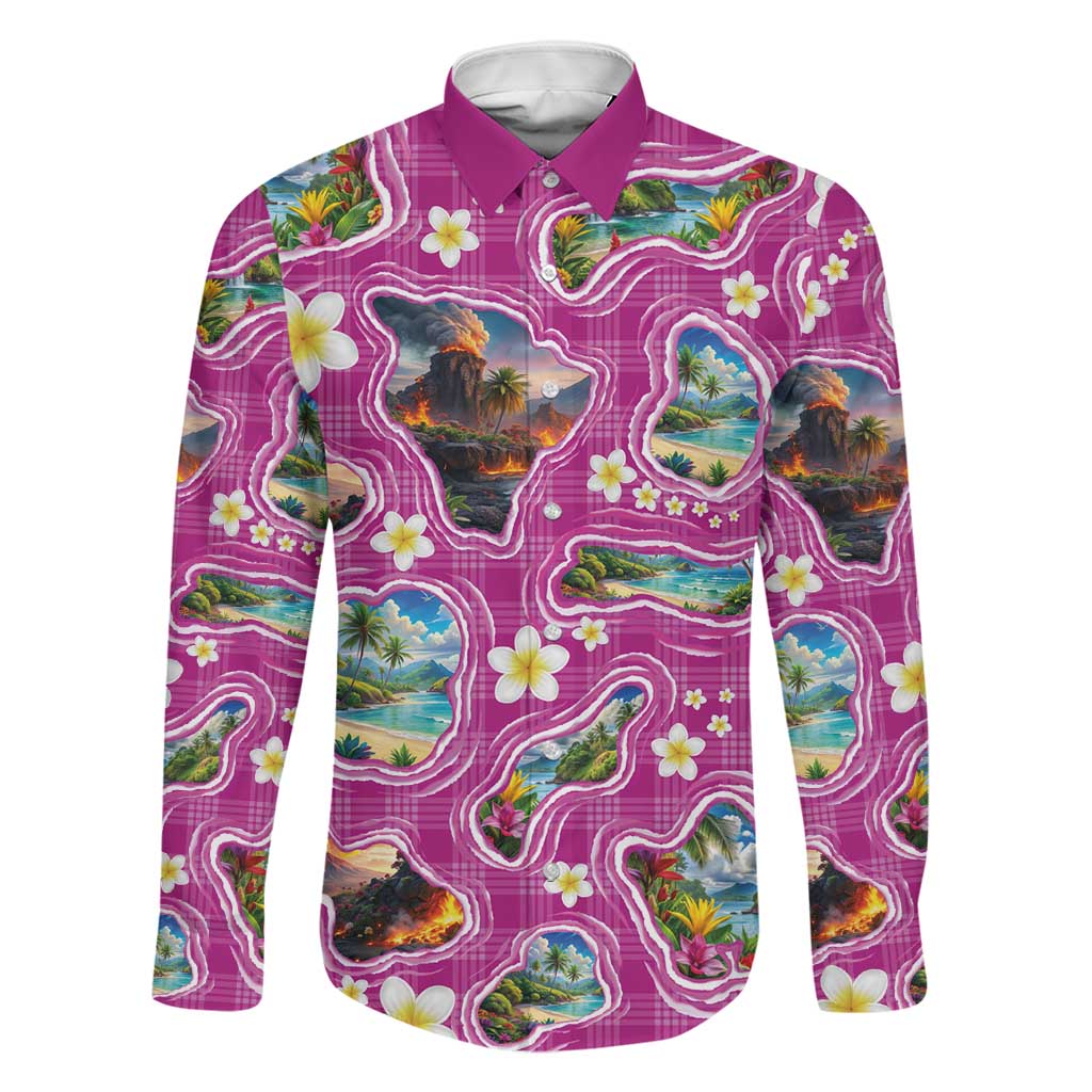 Hawaiian Island Shapes-Iconic Landscape Family Matching Long Sleeve Bodycon Dress and Hawaiian Shirt with Plumeria and Palaka Pink Color