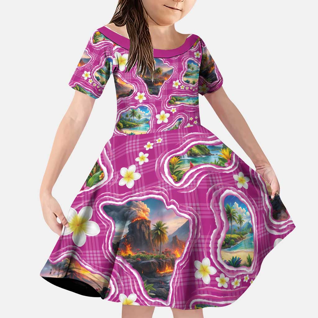 Hawaiian Island Shapes-Iconic Landscape Family Matching Mermaid Dress and Hawaiian Shirt with Plumeria and Palaka Pink Color