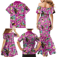 Hawaiian Island Shapes-Iconic Landscape Family Matching Mermaid Dress and Hawaiian Shirt with Plumeria and Palaka Pink Color