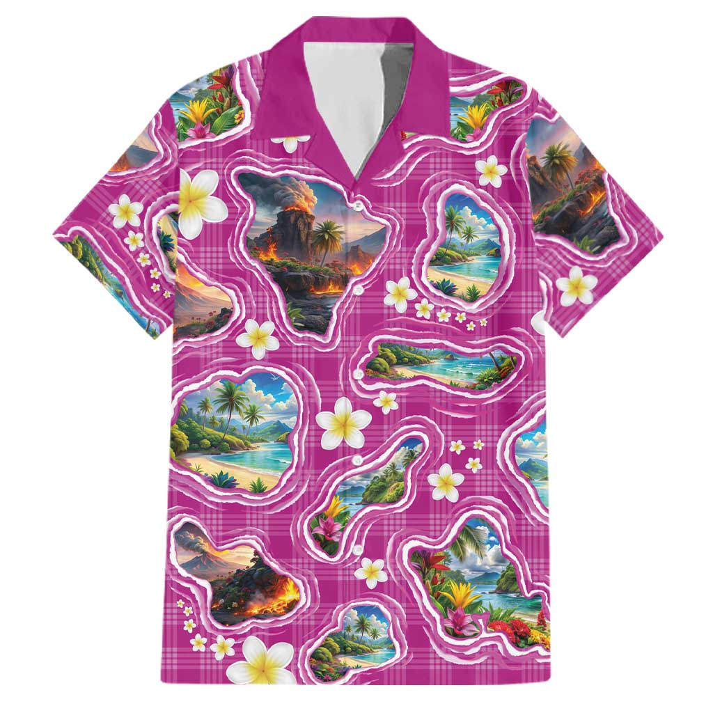 Hawaiian Island Shapes-Iconic Landscape Family Matching Mermaid Dress and Hawaiian Shirt with Plumeria and Palaka Pink Color