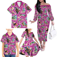 Hawaiian Island Shapes-Iconic Landscape Family Matching Off The Shoulder Long Sleeve Dress and Hawaiian Shirt with Plumeria and Palaka Pink Color