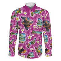 Hawaiian Island Shapes-Iconic Landscape Family Matching Off The Shoulder Long Sleeve Dress and Hawaiian Shirt with Plumeria and Palaka Pink Color