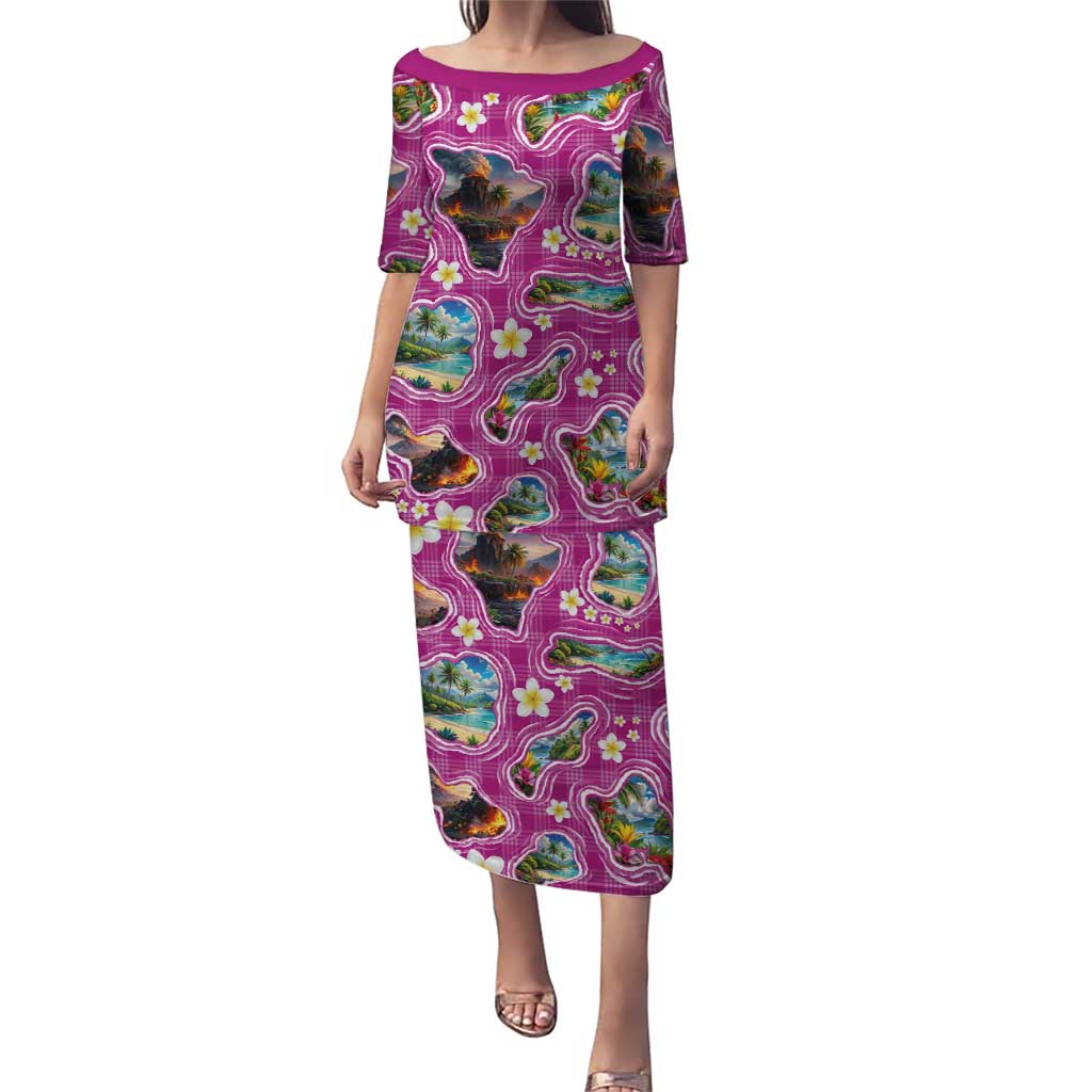 Hawaiian Island Shapes-Iconic Landscape Family Matching Puletasi and Hawaiian Shirt with Plumeria and Palaka Pink Color
