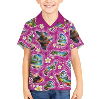Hawaiian Island Shapes-Iconic Landscape Family Matching Puletasi and Hawaiian Shirt with Plumeria and Palaka Pink Color
