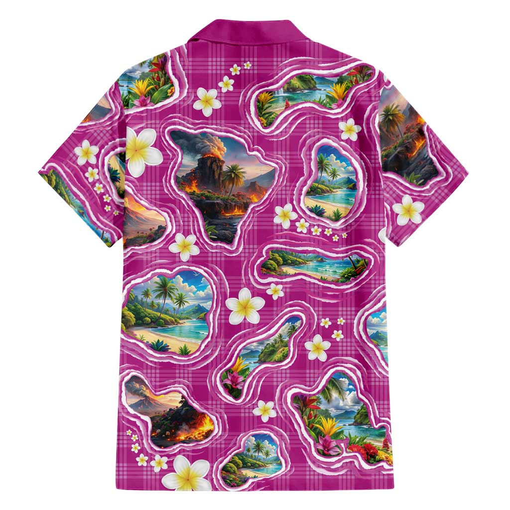 Hawaiian Island Shapes-Iconic Landscape Family Matching Short Sleeve Bodycon Dress and Hawaiian Shirt with Plumeria and Palaka Pink Color