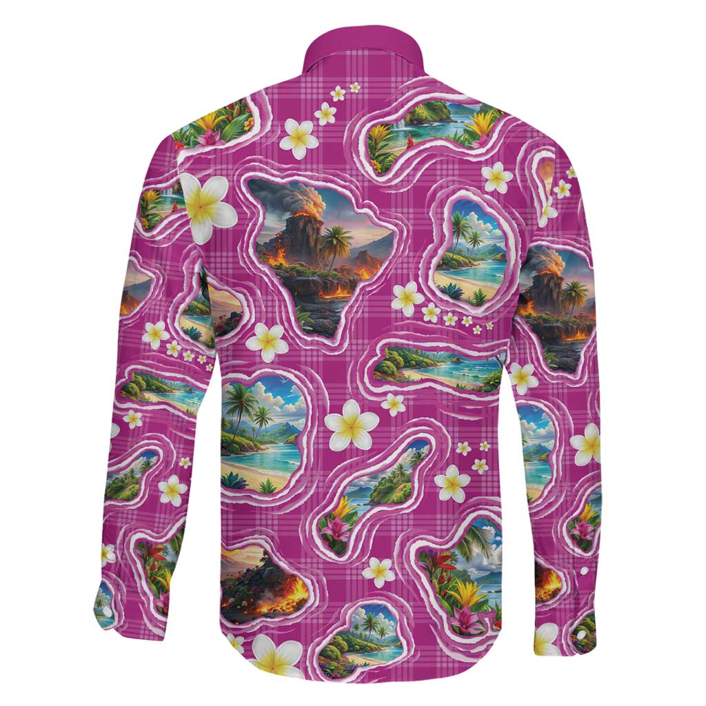 Hawaiian Island Shapes-Iconic Landscape Family Matching Short Sleeve Bodycon Dress and Hawaiian Shirt with Plumeria and Palaka Pink Color