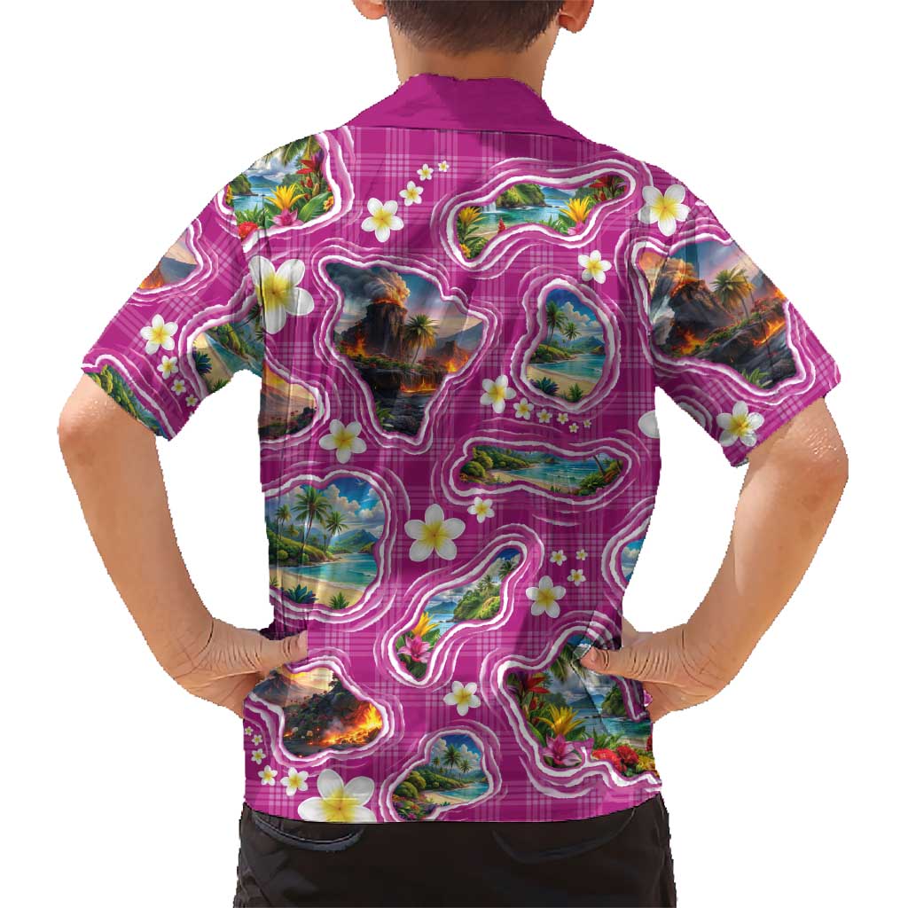 Hawaiian Island Shapes-Iconic Landscape Hawaiian Shirt with Plumeria and Palaka Pink Color