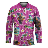 Hawaiian Island Shapes-Iconic Landscape Hockey Jersey with Plumeria and Palaka Pink Color
