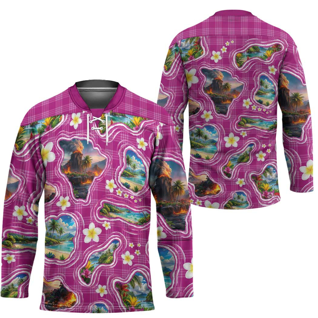 Hawaiian Island Shapes-Iconic Landscape Hockey Jersey with Plumeria and Palaka Pink Color