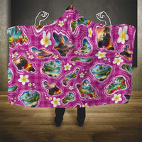 Hawaiian Island Shapes-Iconic Landscape Hooded Blanket with Plumeria and Palaka Pink Color