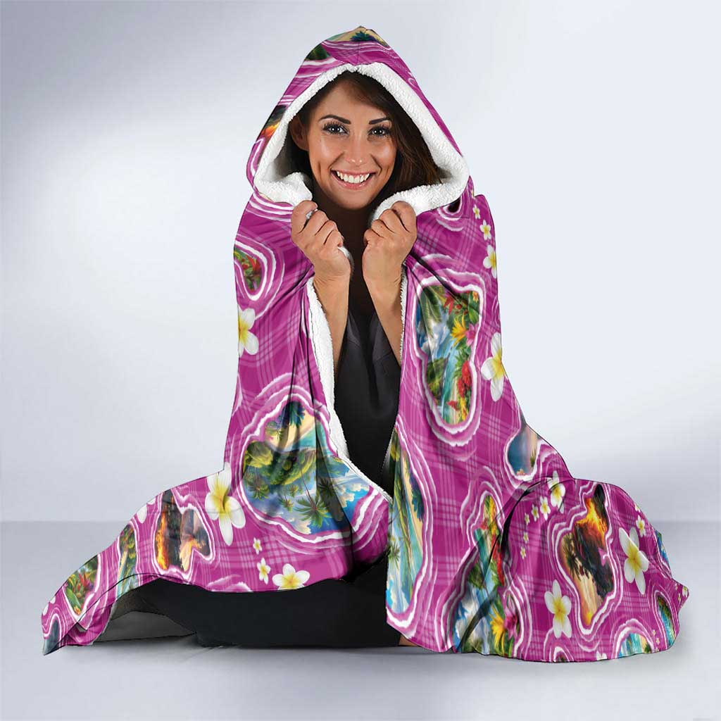 Hawaiian Island Shapes-Iconic Landscape Hooded Blanket with Plumeria and Palaka Pink Color
