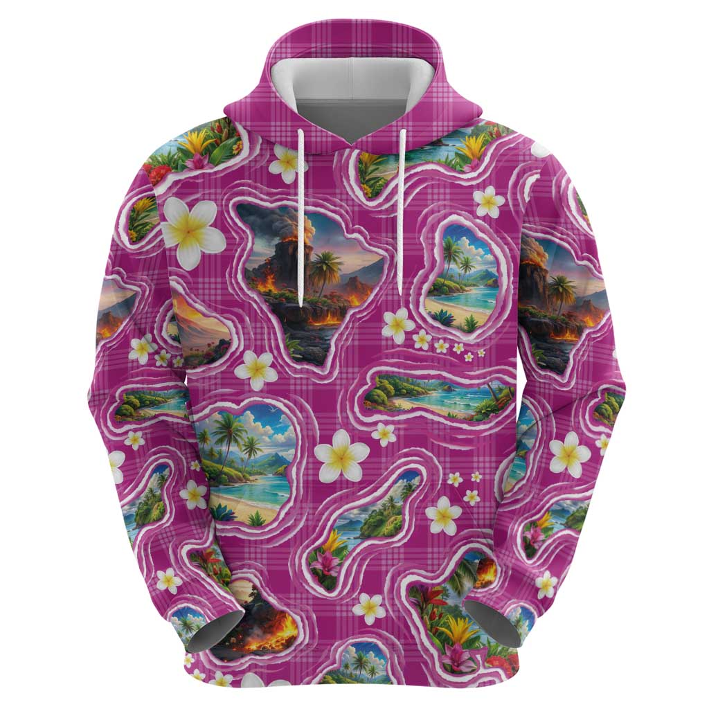Hawaiian Island Shapes-Iconic Landscape Hoodie with Plumeria and Palaka Pink Color