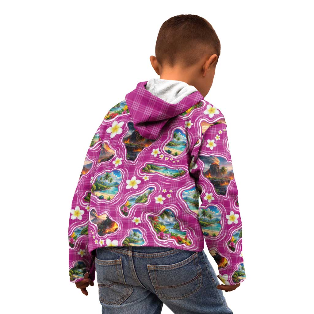 Hawaiian Island Shapes-Iconic Landscape Kid Hoodie with Plumeria and Palaka Pink Color