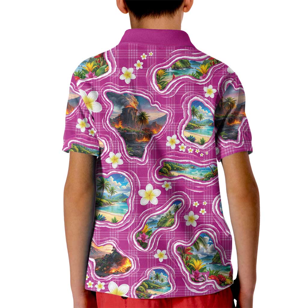 Hawaiian Island Shapes-Iconic Landscape Kid Polo Shirt with Plumeria and Palaka Pink Color