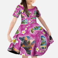Hawaiian Island Shapes-Iconic Landscape Kid Short Sleeve Dress with Plumeria and Palaka Pink Color