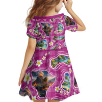 Hawaiian Island Shapes-Iconic Landscape Kid Short Sleeve Dress with Plumeria and Palaka Pink Color