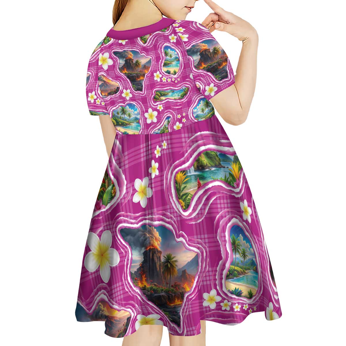 Hawaiian Island Shapes-Iconic Landscape Kid Short Sleeve Dress with Plumeria and Palaka Pink Color