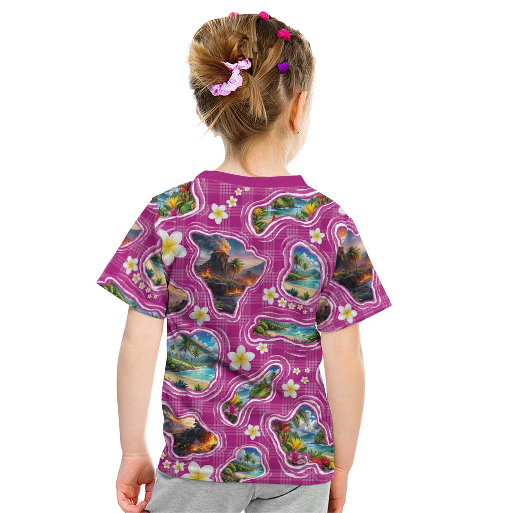 Hawaiian Island Shapes-Iconic Landscape Kid T Shirt with Plumeria and Palaka Pink Color