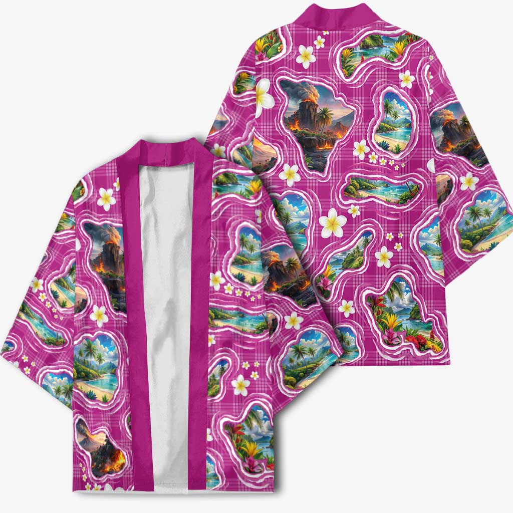 Hawaiian Island Shapes-Iconic Landscape Kimono with Plumeria and Palaka Pink Color