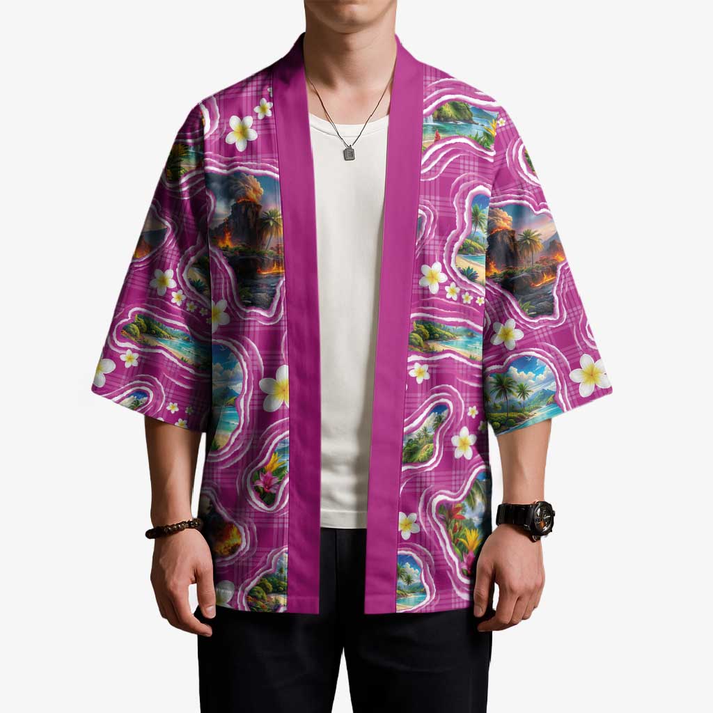 Hawaiian Island Shapes-Iconic Landscape Kimono with Plumeria and Palaka Pink Color