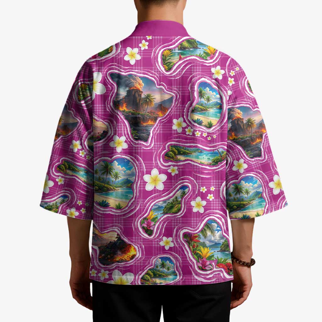 Hawaiian Island Shapes-Iconic Landscape Kimono with Plumeria and Palaka Pink Color