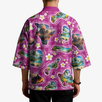 Hawaiian Island Shapes-Iconic Landscape Kimono with Plumeria and Palaka Pink Color