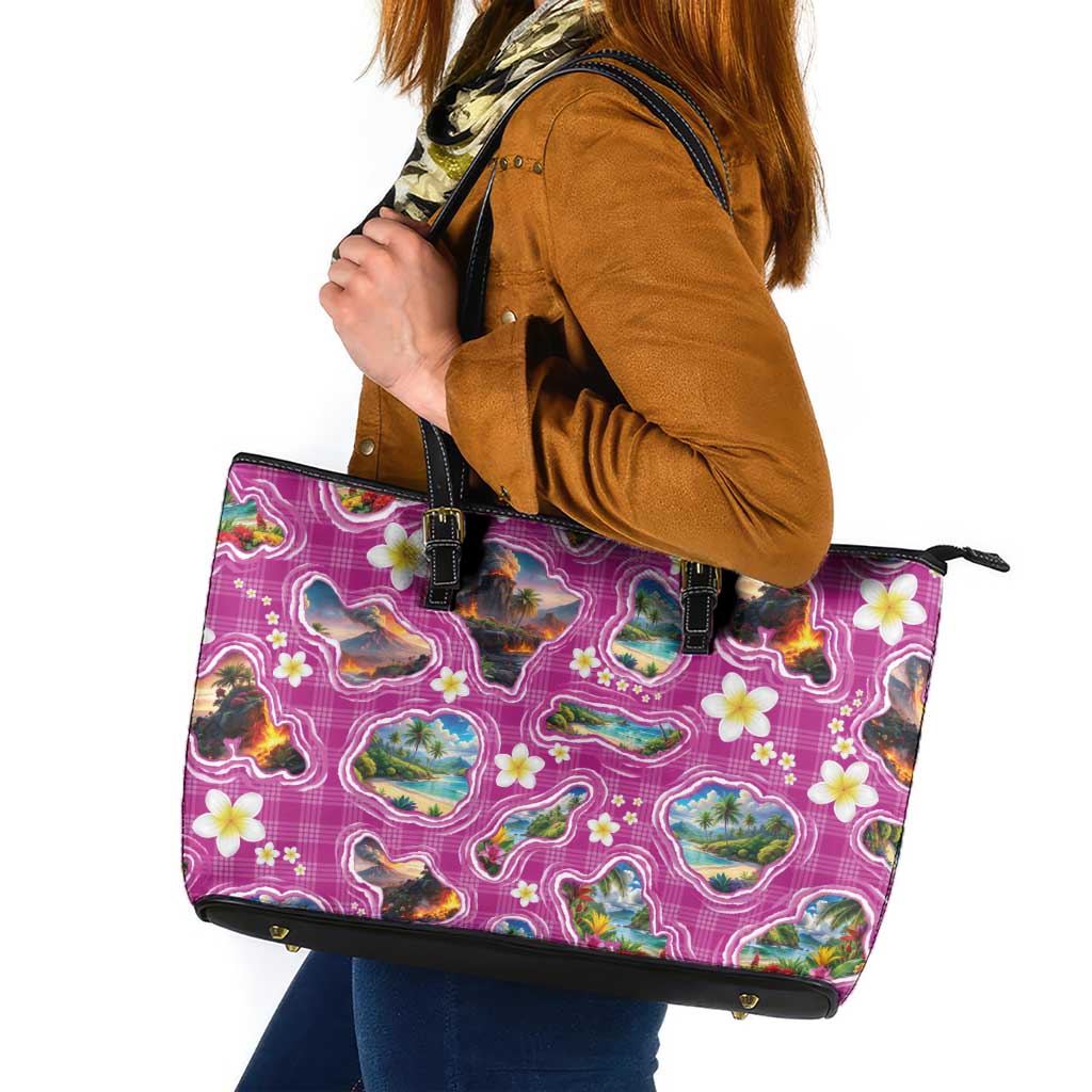 Hawaiian Island Shapes-Iconic Landscape Leather Tote Bag with Plumeria and Palaka Pink Color LT03 Pink - Polynesian Pride