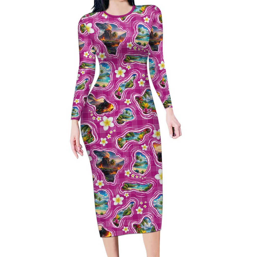 Hawaiian Island Shapes-Iconic Landscape Long Sleeve Bodycon Dress with Plumeria and Palaka Pink Color LT03 Long Dress Pink - Polynesian Pride