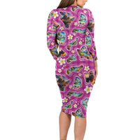 Hawaiian Island Shapes-Iconic Landscape Long Sleeve Bodycon Dress with Plumeria and Palaka Pink Color