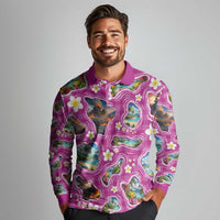 Hawaiian Island Shapes-Iconic Landscape Long Sleeve Polo Shirt with Plumeria and Palaka Pink Color